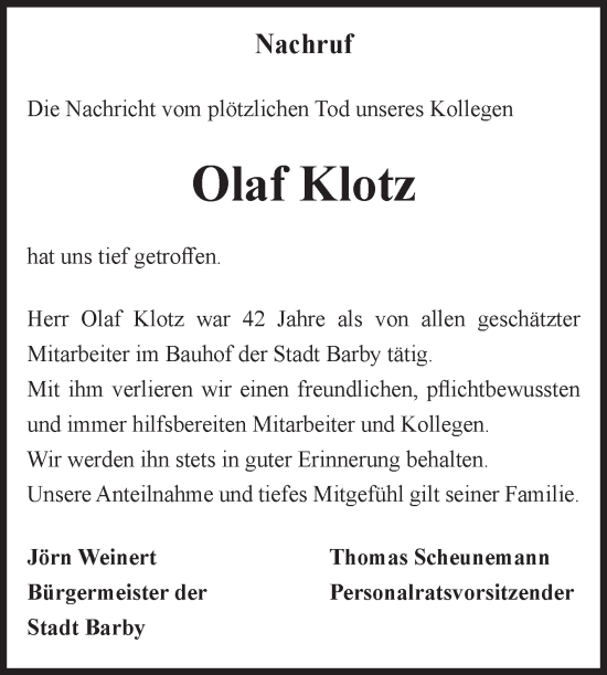 Traueranzeige von Olaf Klotz von Volksstimme Schönebeck