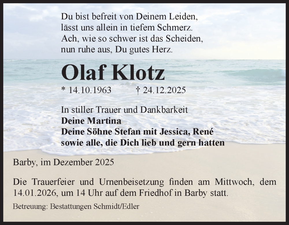  Traueranzeige für Olaf Klotz vom 03.01.2026 aus Volksstimme Schönebeck