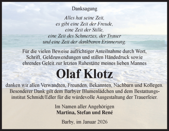 Traueranzeige von Olaf Klotz von Volksstimme Schönebeck
