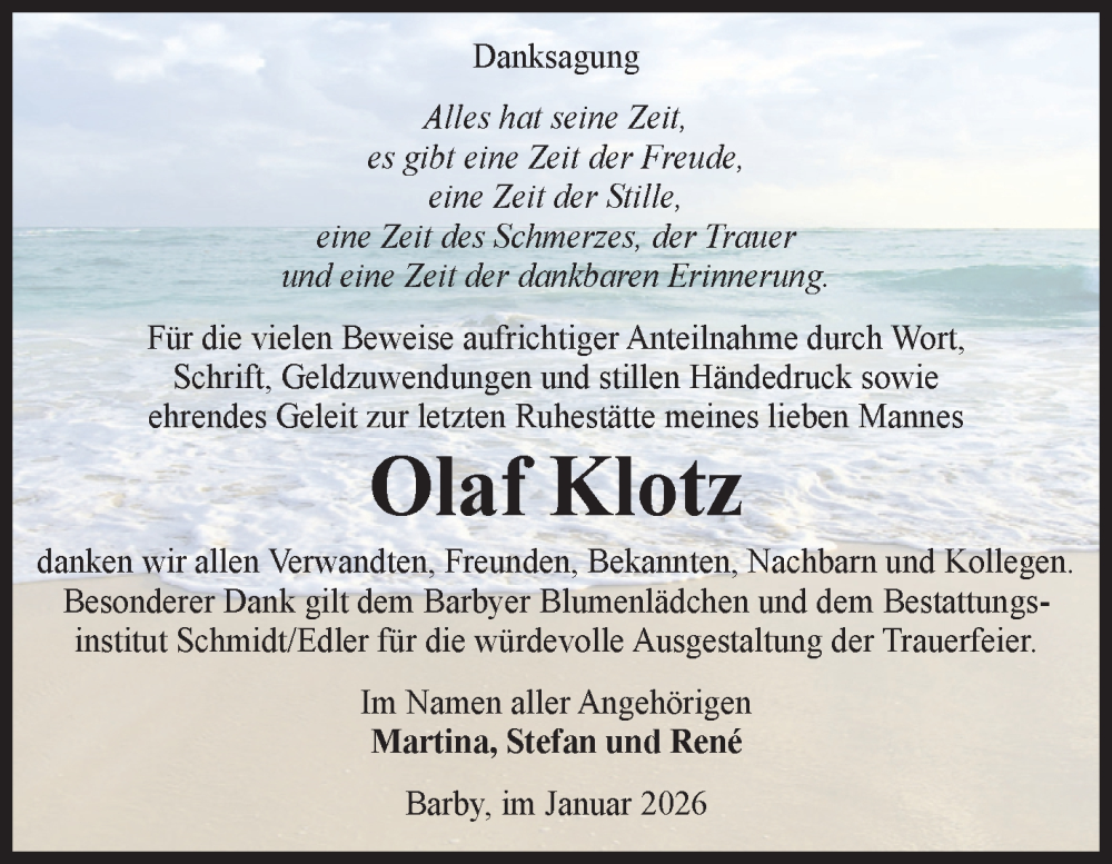  Traueranzeige für Olaf Klotz vom 24.01.2026 aus Volksstimme Schönebeck