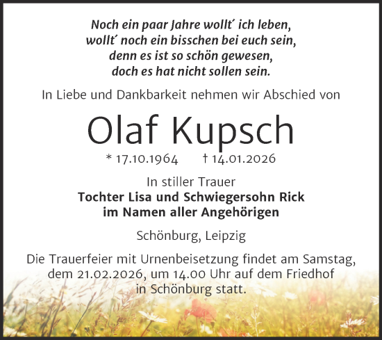 Traueranzeige von Olaf Kupsch von Super Sonntag Naumburg/Nebra