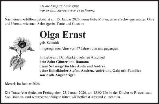 Traueranzeige von Olga Ernst von Volksstimme Burg/Genthin