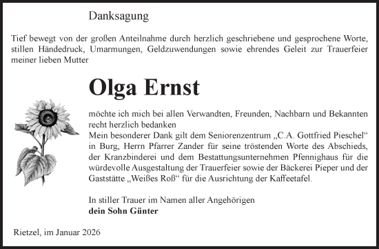 Traueranzeige von Olga Ernst von Volksstimme Burg/Genthin