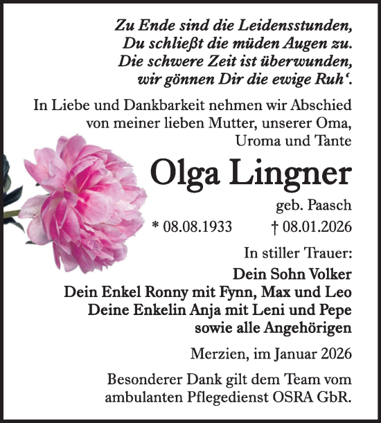 Traueranzeige von Olga Lingner von Trauerkombi Köthen