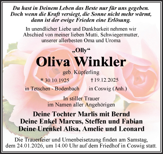 Traueranzeige von Oliva Winkler von Trauerkombi Wittenberg