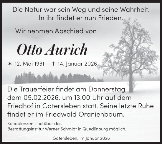 Traueranzeige von Otto Aurich von Trauerkombi Aschersleben