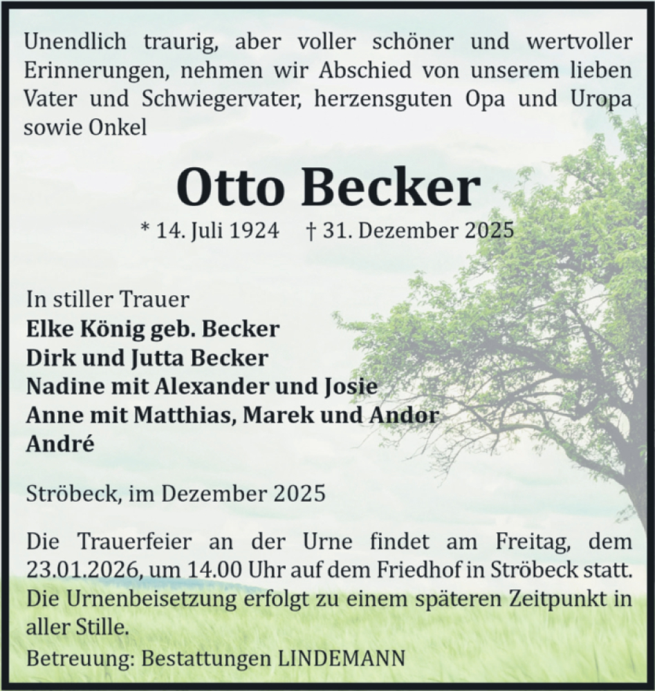  Traueranzeige für Otto Becker vom 10.01.2026 aus Volksstimme Halberstadt
