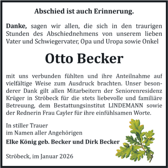 Traueranzeige von Otto Becker von Volksstimme Halberstadt