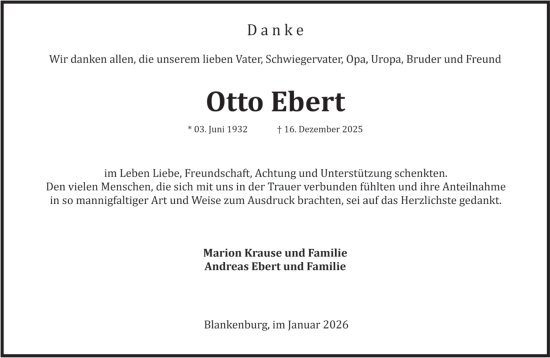 Traueranzeige von Otto Ebert von Volksstimme Wernigerode