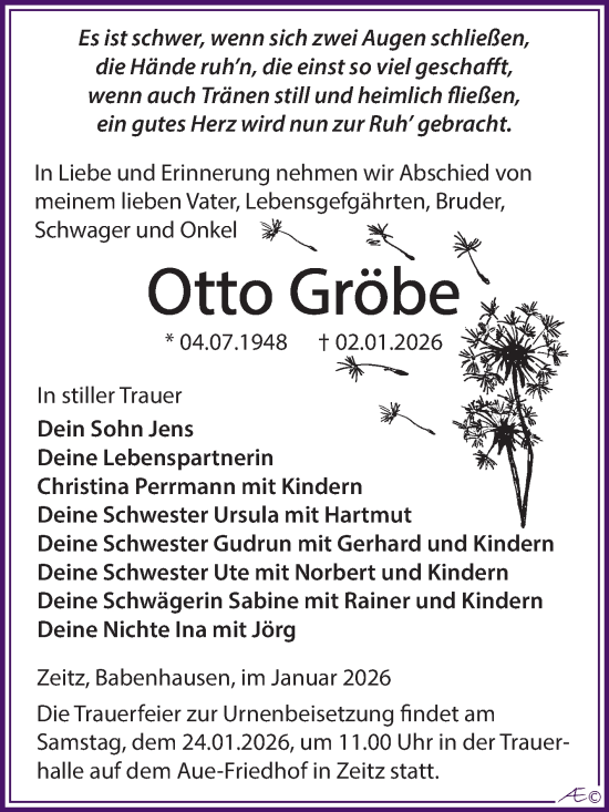 Traueranzeige von Otto Gröbe von Trauerkombi Zeitz