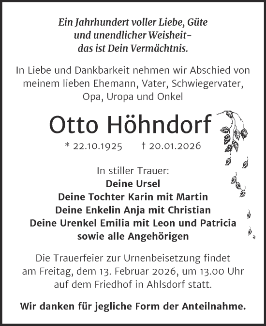 Traueranzeige von Otto Höhndorf von Trauerkombi Mansfelder Land