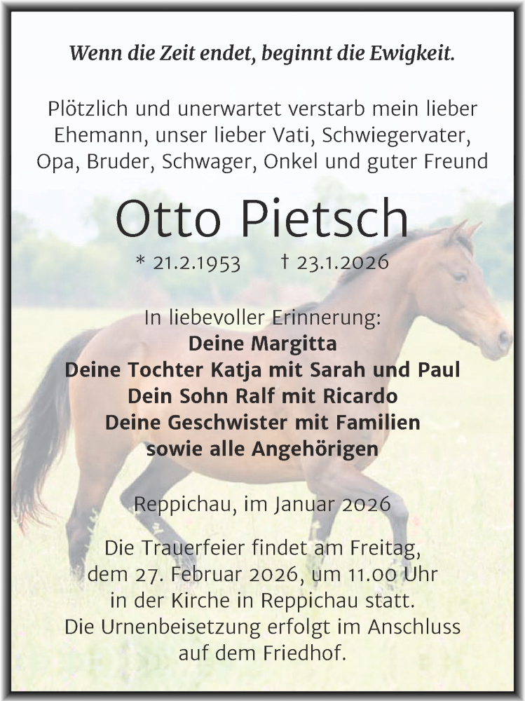  Traueranzeige für Otto Pietsch vom 27.01.2026 aus Trauerkombi Köthen