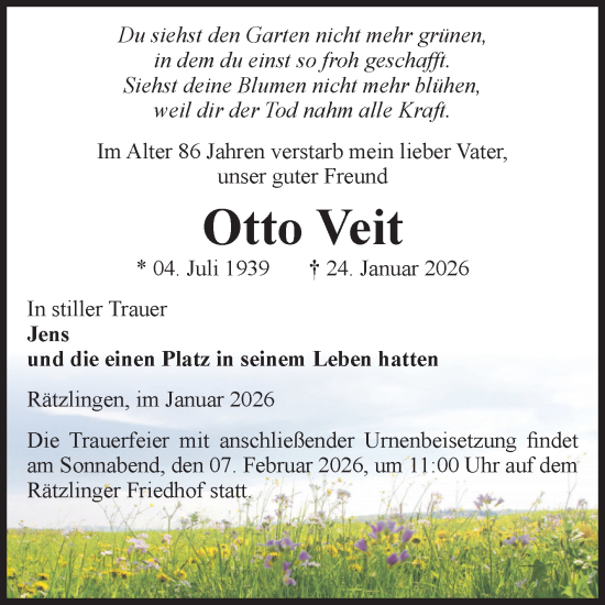 Traueranzeige von Otto Veit von Volksstimme Haldensleben/Wolmirstedt