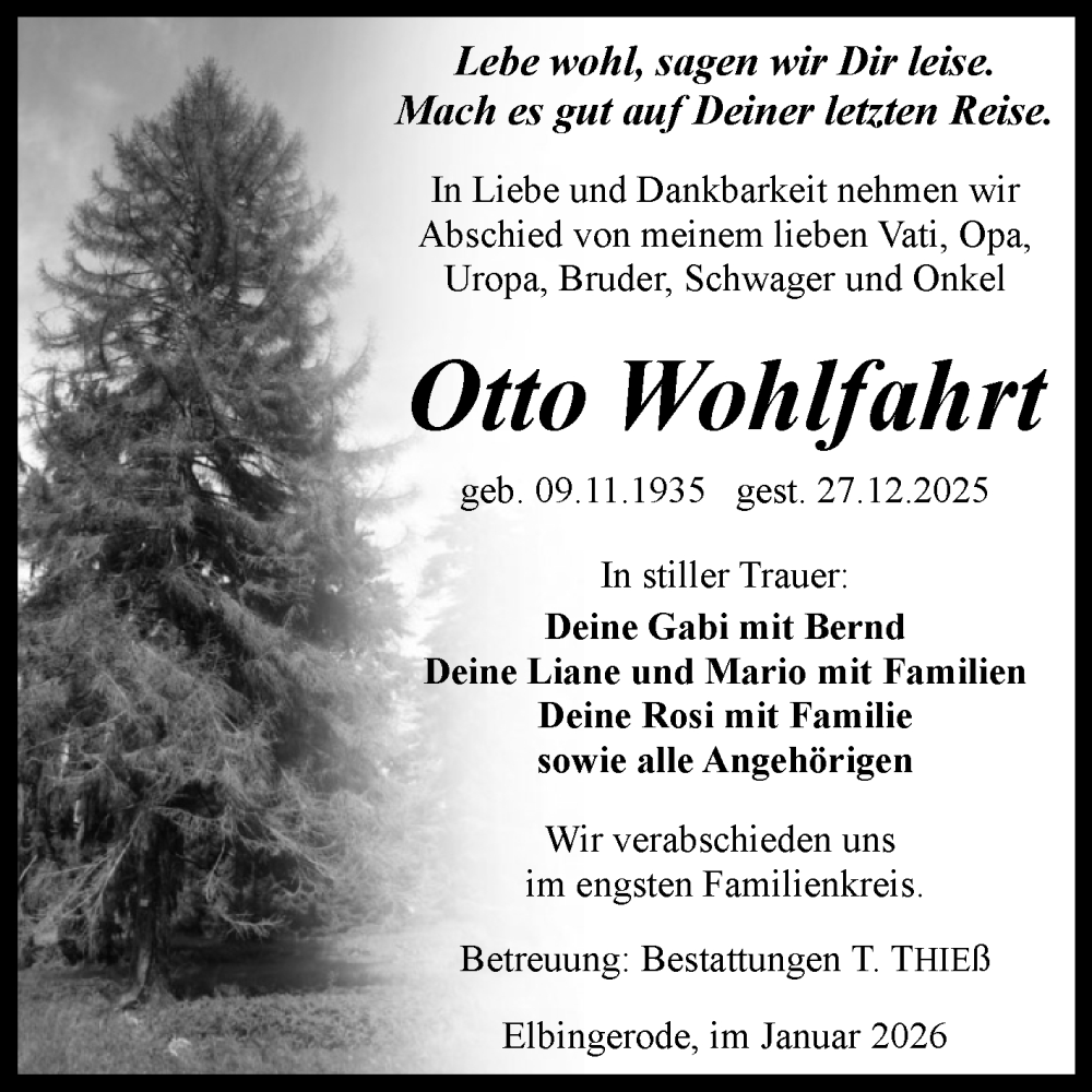  Traueranzeige für Otto Wohlfahrt vom 03.01.2026 aus Volksstimme Wernigerode
