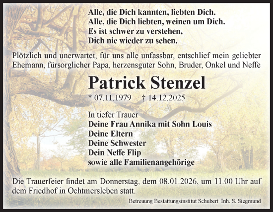 Traueranzeige von Patrick Stenzel von Volksstimme Haldensleben/Wolmirstedt