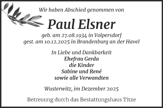 Traueranzeige von Paul Elsner von Mitteldeutsche Zeitung Halle/Saalkreis