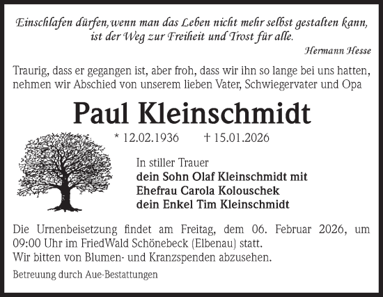 Traueranzeige von Paul Kleinschmidt von Volksstimme Magdeburg