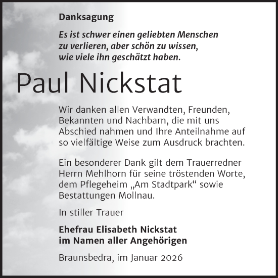 Traueranzeige von Paul Nickstat von Trauerkombi Merseburg