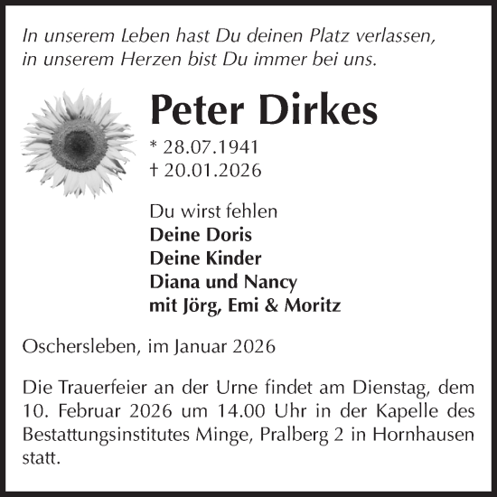 Traueranzeige von Peter Dirkes von Volksstimme Oschersleben/Wanzleben
