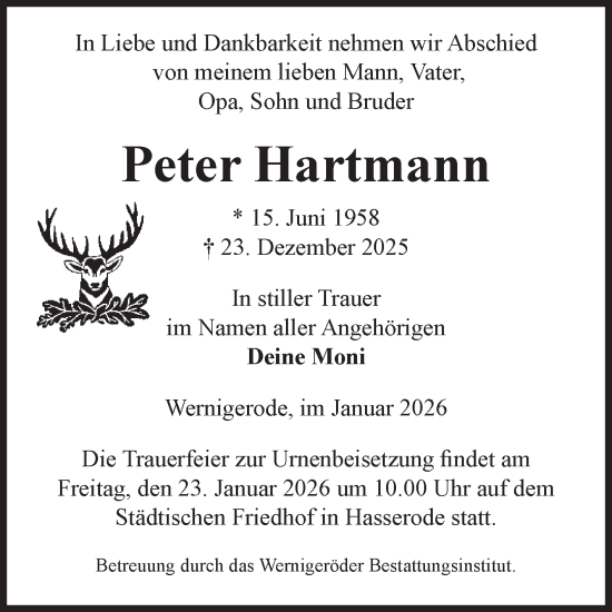 Traueranzeige von Peter Hartmann von Volksstimme Wernigerode