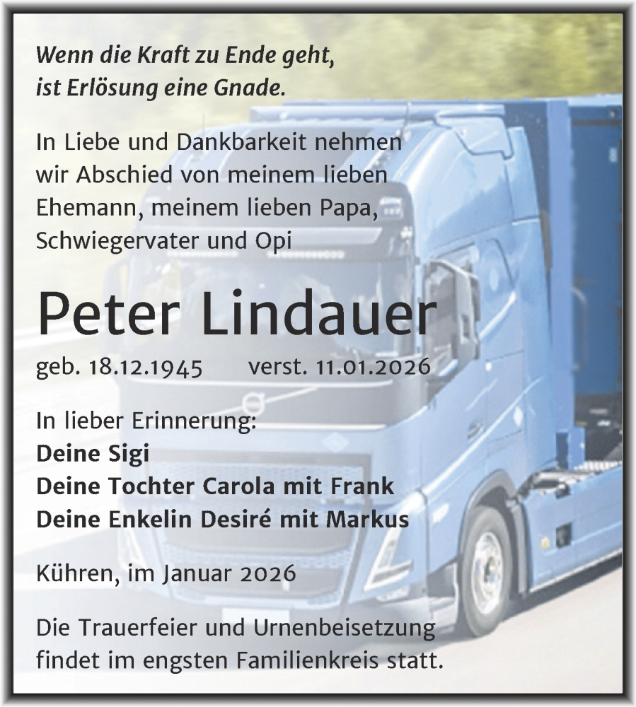  Traueranzeige für Peter Lindauer vom 14.01.2026 aus Trauerkombi Köthen