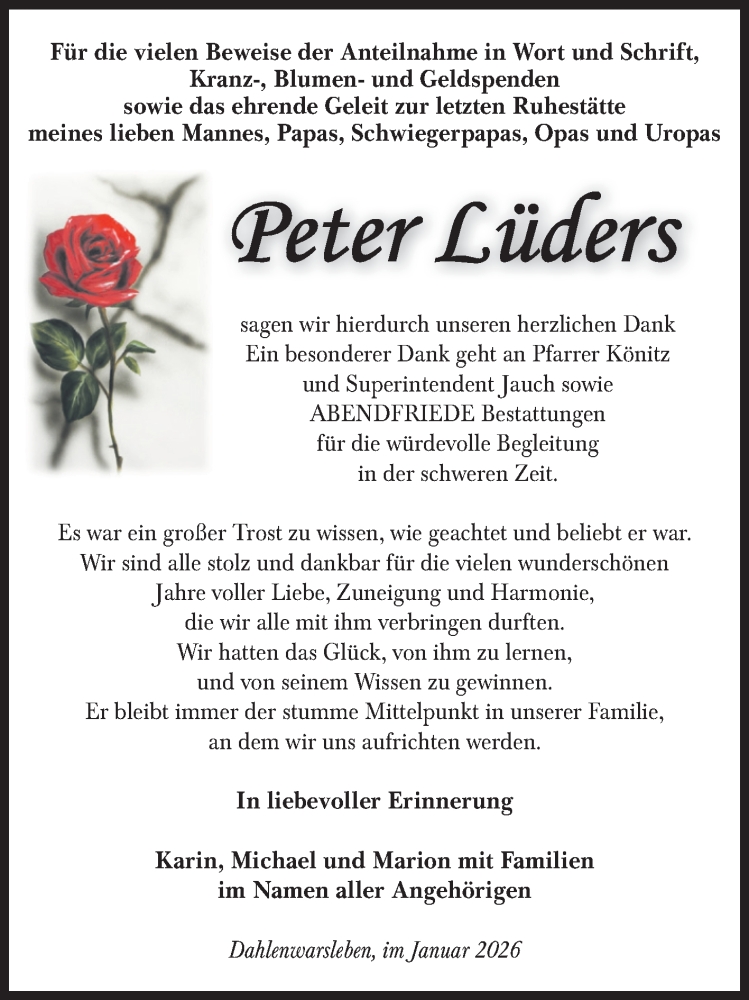  Traueranzeige für Peter Lüders vom 24.01.2026 aus Volksstimme Haldensleben/Wolmirstedt