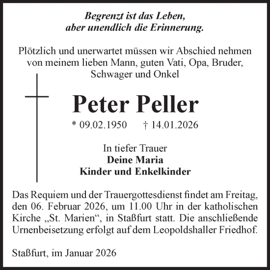 Traueranzeige von Peter Peller von Volksstimme Staßfurt