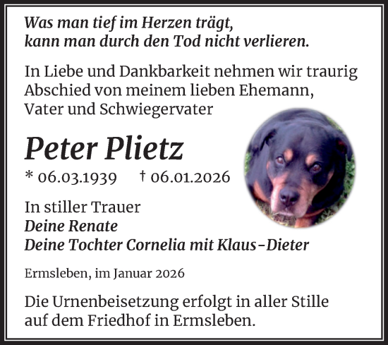 Traueranzeige von Peter Plietz von Trauerkombi Quedlinburg