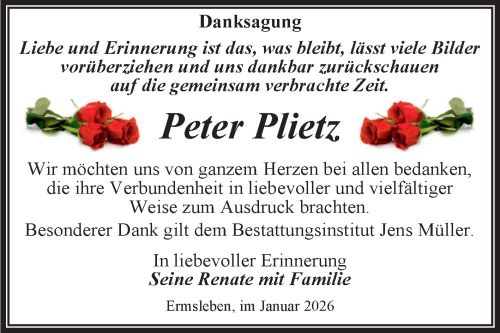  Traueranzeige für Peter Plietz vom 31.01.2026 aus Trauerkombi Quedlinburg