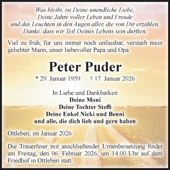 Traueranzeige von Peter Puder von Volksstimme Oschersleben/Wanzleben