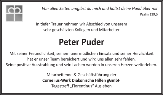 Traueranzeige von Peter Puder von Volksstimme Oschersleben/Wanzleben