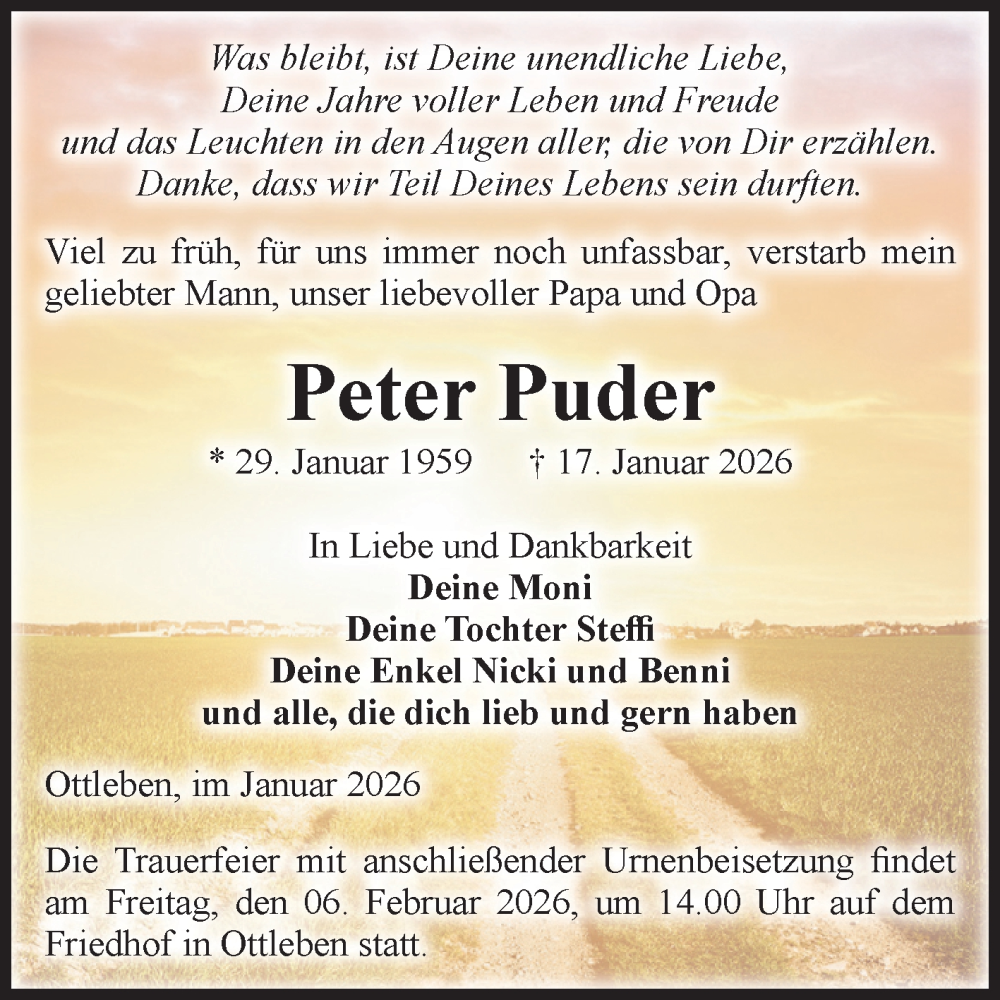  Traueranzeige für Peter Puder vom 24.01.2026 aus Volksstimme Oschersleben/Wanzleben