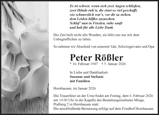 Traueranzeige von Peter Rößler von Volksstimme Oschersleben/Wanzleben