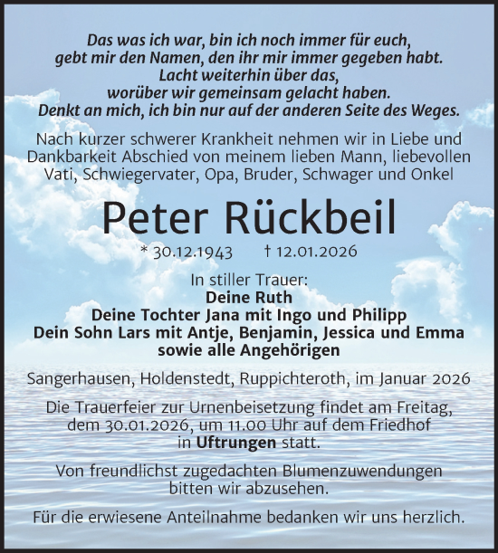 Traueranzeige von Peter Rückbeil von Trauerkombi Sangerhausen