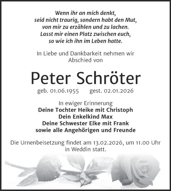 Traueranzeige von Peter Schröter von Trauerkombi Wittenberg