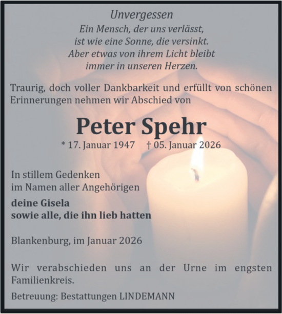 Traueranzeige von Peter Spehr von Volksstimme Wernigerode