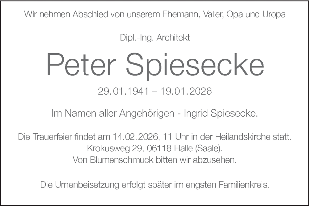  Traueranzeige für Peter Spiesecke vom 31.01.2026 aus Mitteldeutsche Zeitung Halle/Saalkreis