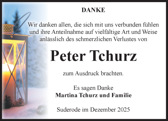 Traueranzeige von Peter Tchurz von Volksstimme Halberstadt