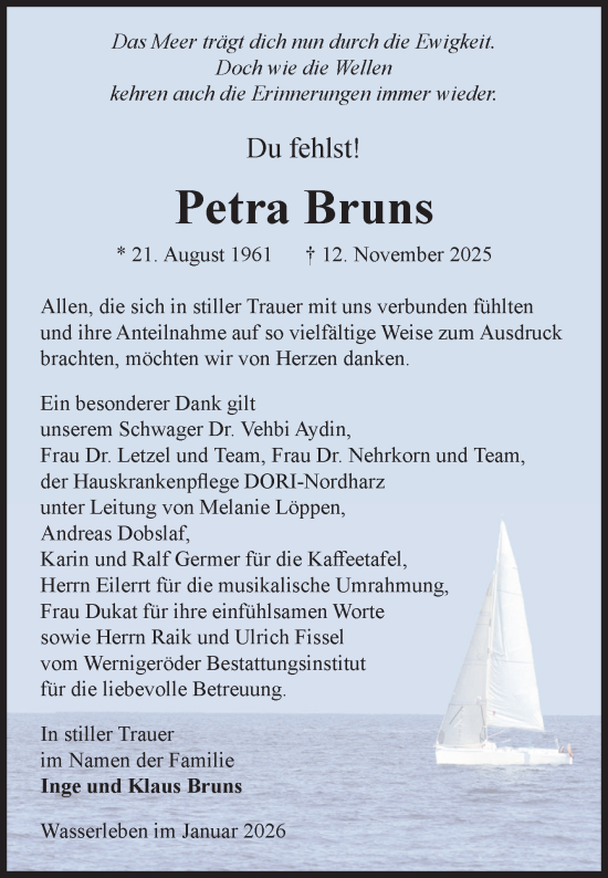 Traueranzeige von Petra Bruns von Volksstimme Wernigerode