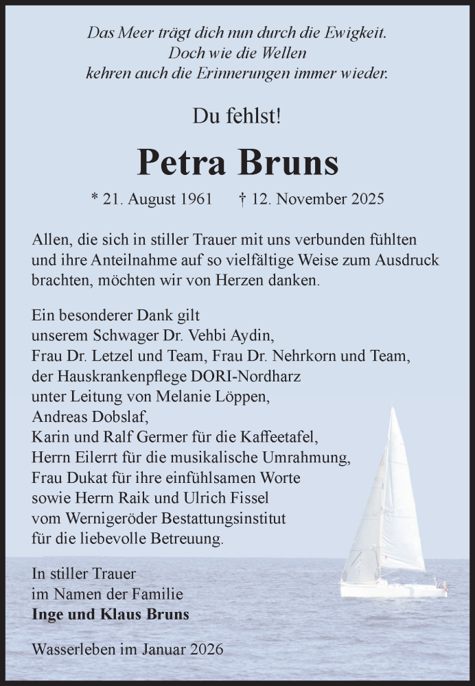  Traueranzeige für Petra Bruns vom 10.01.2026 aus Volksstimme Wernigerode