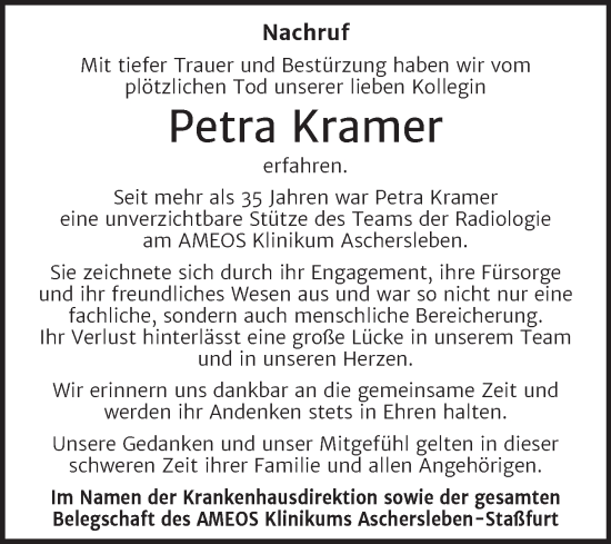 Traueranzeige von Petra Kramer von Mitteldeutsche Zeitung Aschersleben