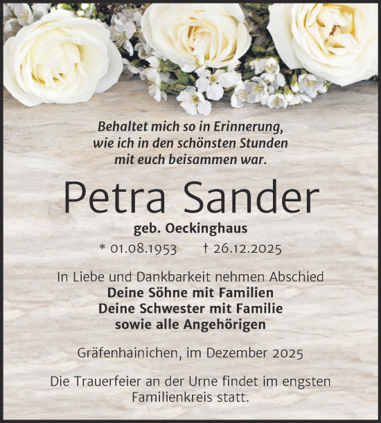 Traueranzeige von Petra Sander von Trauerkombi Wittenberg