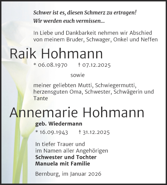 Traueranzeige von Raik Hohmann von Trauerkombi Bernburg