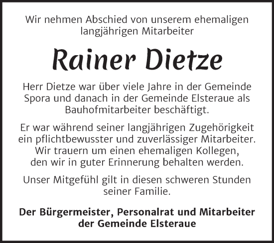 Traueranzeige von Rainer Dietze von Super Sonntag Zeitz