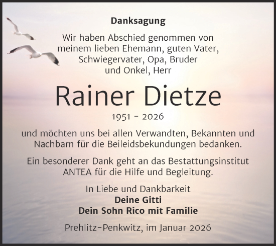 Traueranzeige von Rainer Dietze von Trauerkombi Zeitz