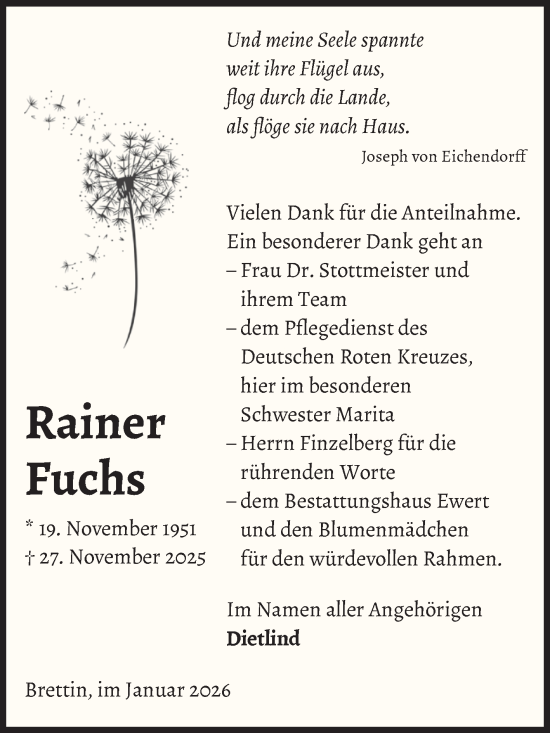 Traueranzeige von Rainer Fuchs von Volksstimme Burg/Genthin