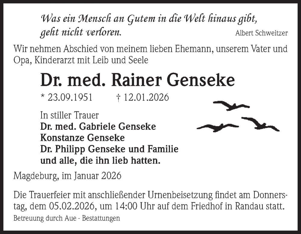  Traueranzeige für Rainer Genseke vom 24.01.2026 aus Volksstimme Altmark West