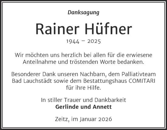 Traueranzeige von Rainer Hüfner von Trauerkombi Zeitz