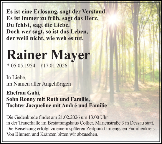 Traueranzeige von Rainer Mayer von Trauerkombi Dessau