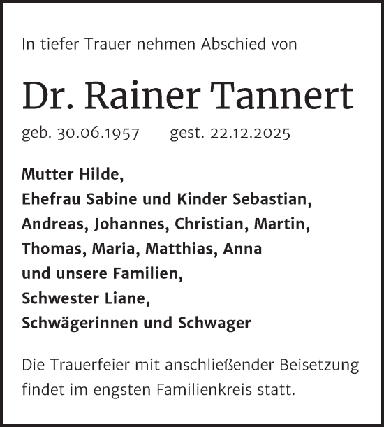 Traueranzeige von Rainer Tannert von Mitteldeutsche Zeitung Halle/Saalkreis